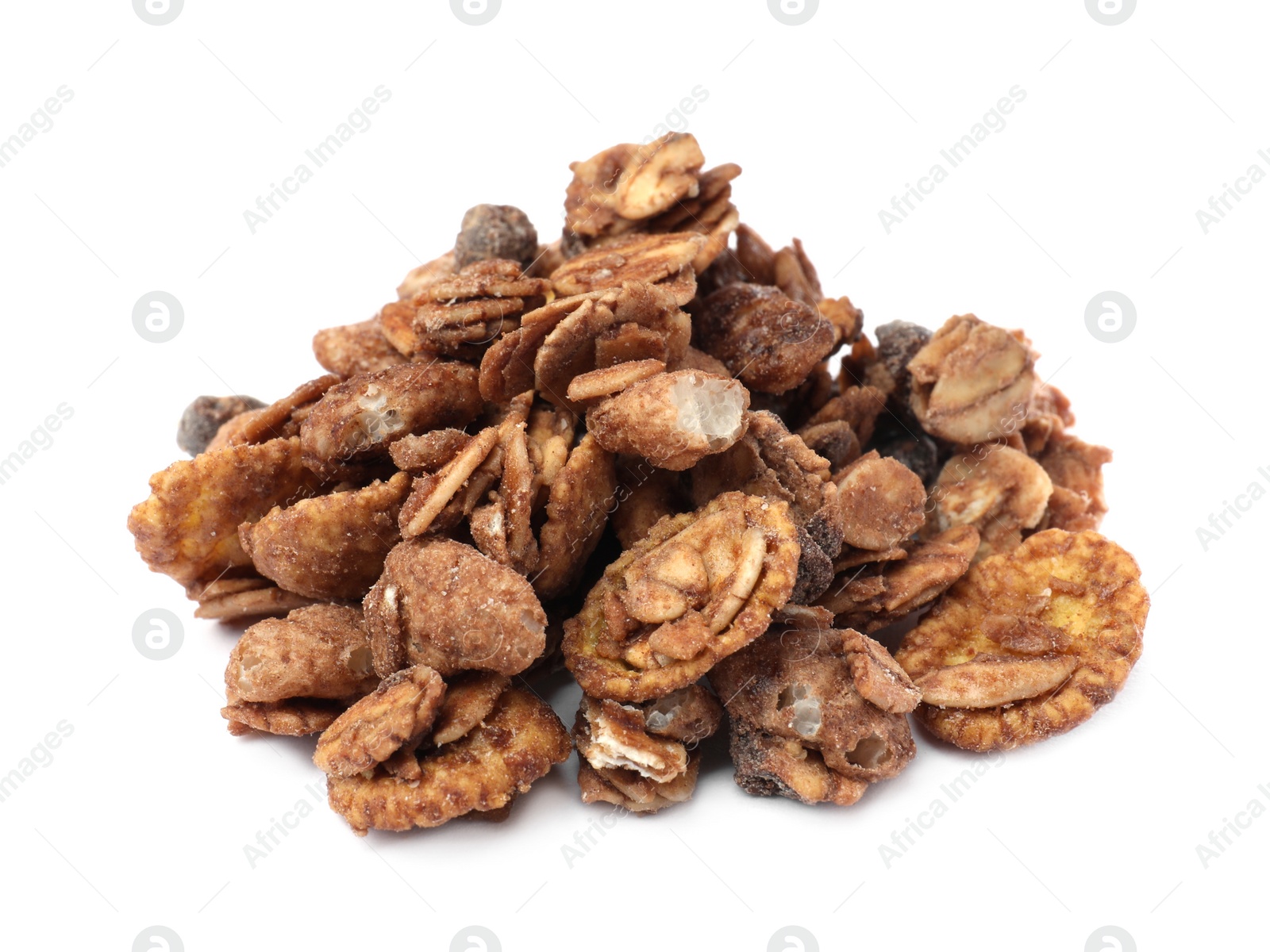 Photo of Pile of granola on white background. Healthy snack