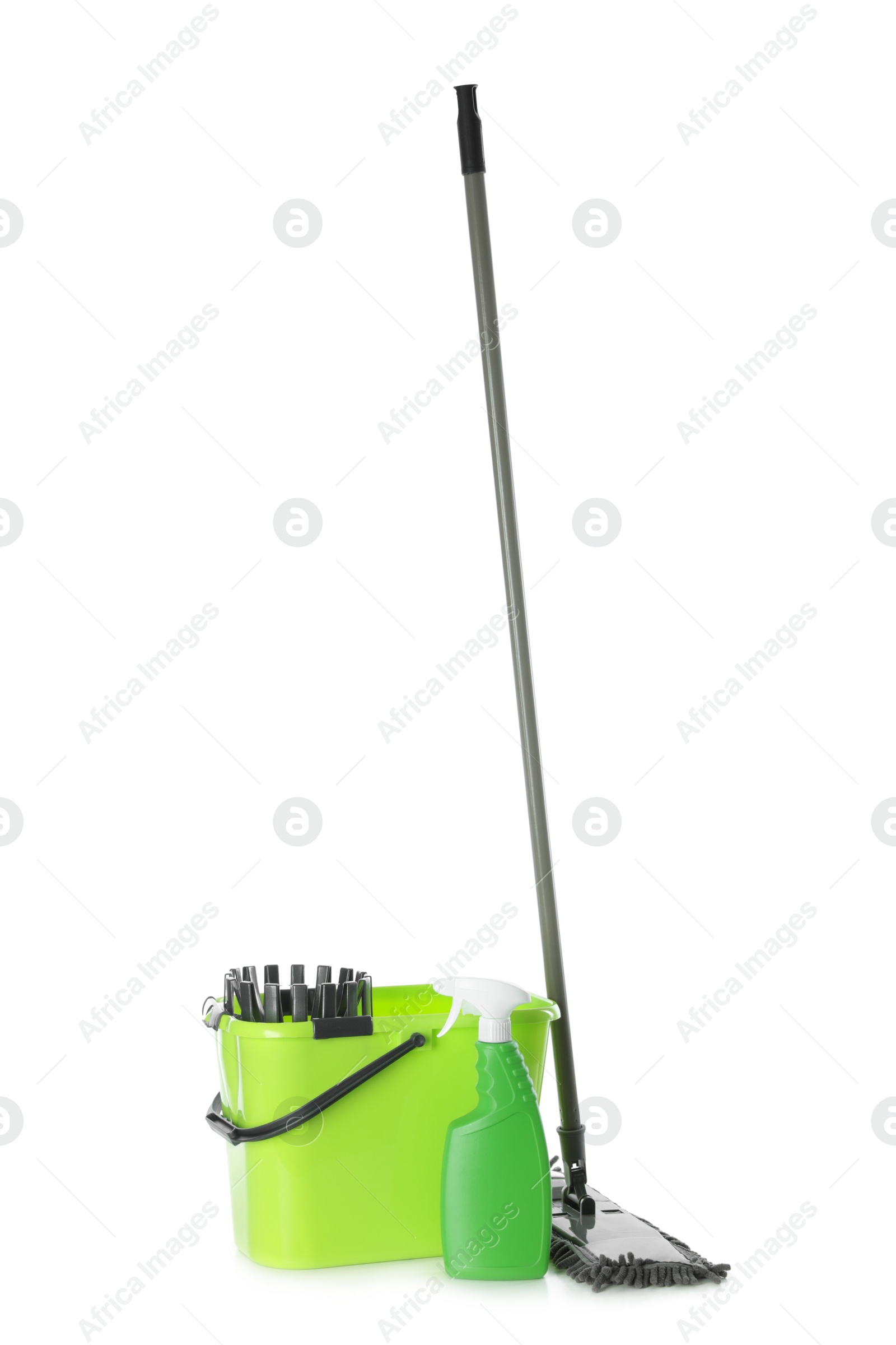 Photo of Mop, detergent and plastic bucket on white background. Cleaning supplies