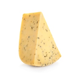 Photo of Piece of delicious cheese with herbs on white background