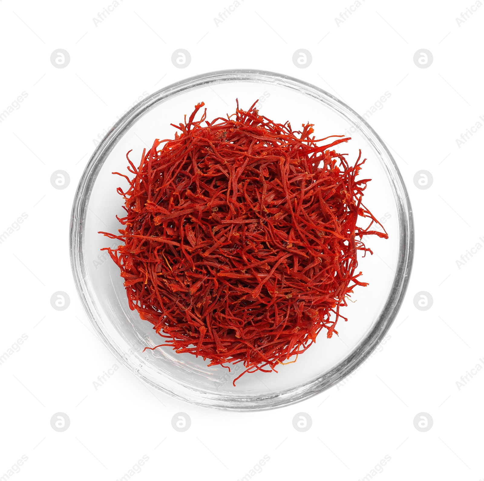 Photo of Aromatic saffron in bowl isolated on white, top view