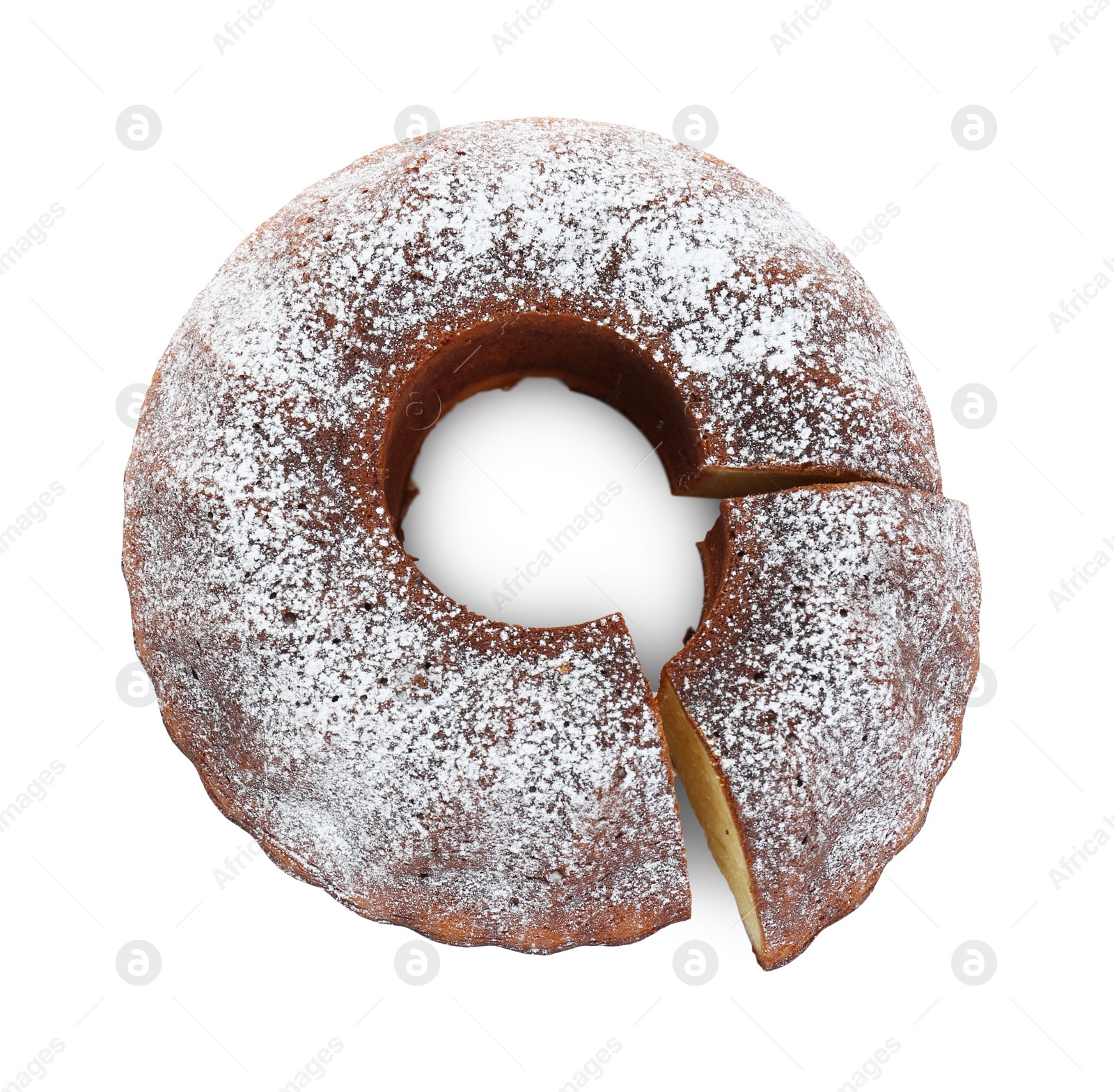 Photo of Homemade yogurt cake with powdered sugar on white background, top view