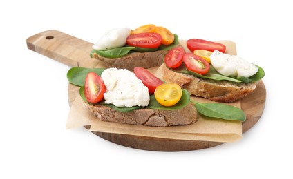 Delicious sandwiches with burrata cheese and tomatoes isolated on white