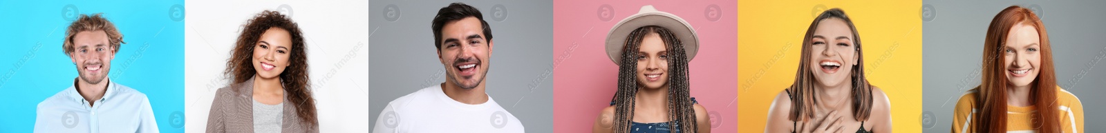 Image of Collage with portraits of happy people on different color backgrounds