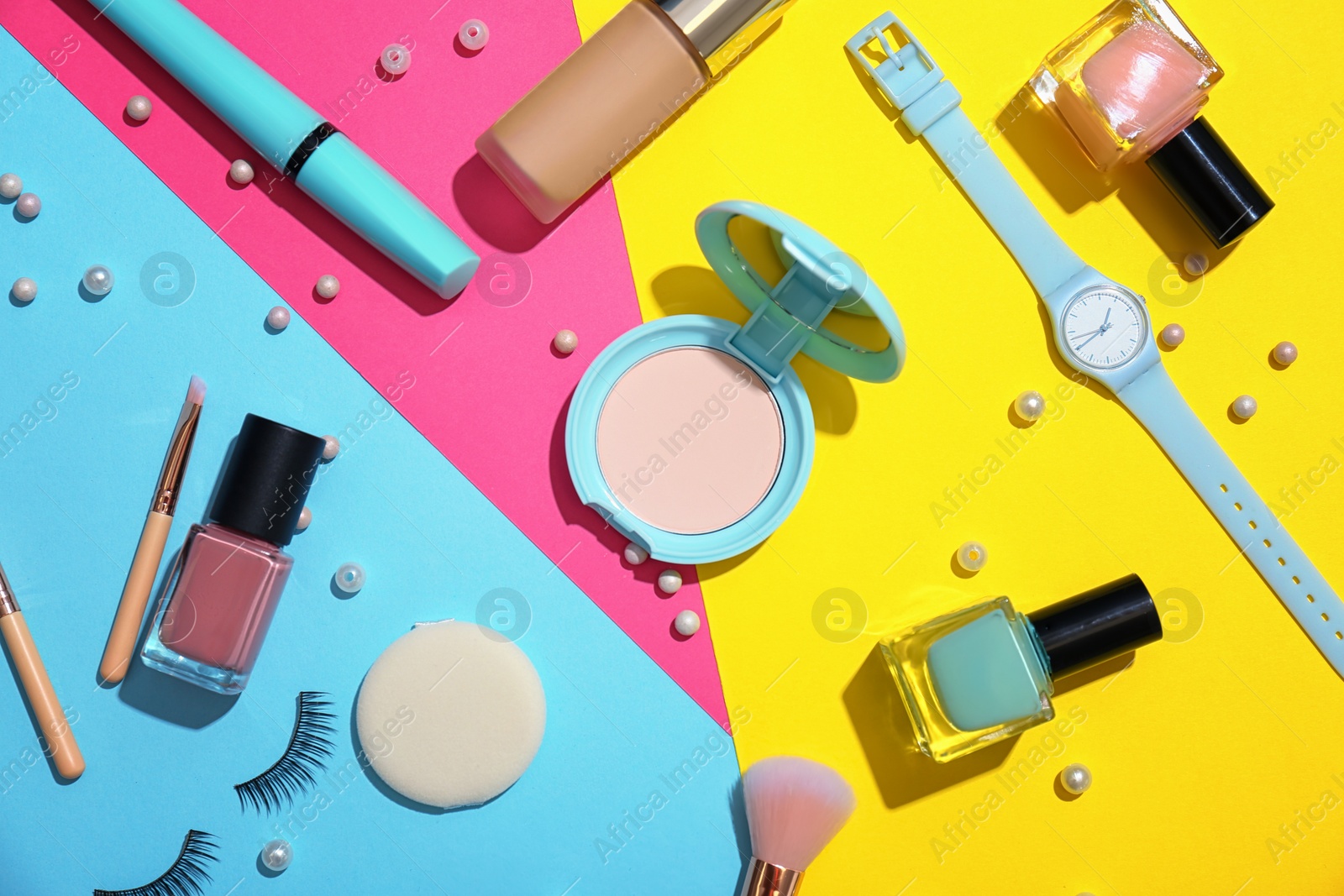 Photo of Flat lay composition with cosmetic products on color background