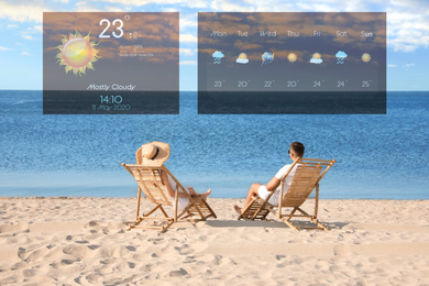 Young couple relaxing in deck chairs on beach and weather forecast widgets. Mobile application