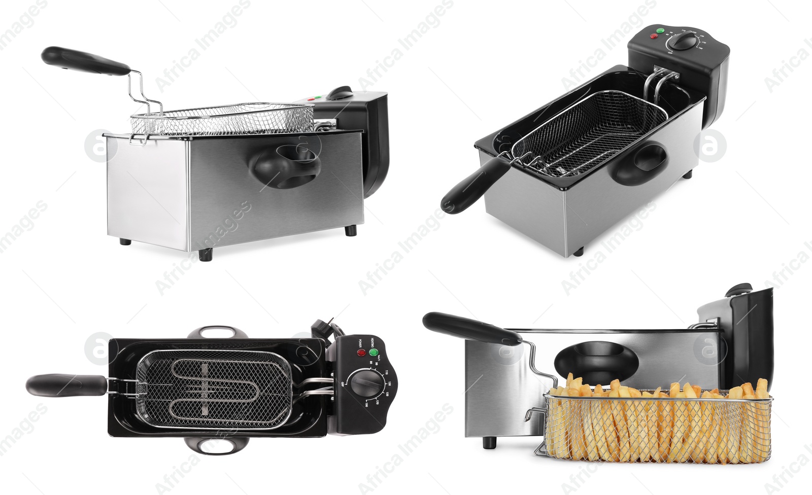 Image of Set with modern deep fryers on white background