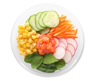 Photo of Delicious salad with salmon, vegetables and spinach in bowl isolated on white, top view