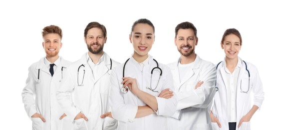 Image of Happy medical nurses on white background, setphotos