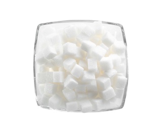 Refined sugar cubes in bowl on white background, top view