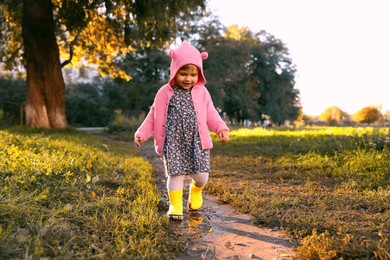 Photo of Little girl wearing rubber boots walking in puddle outdoors