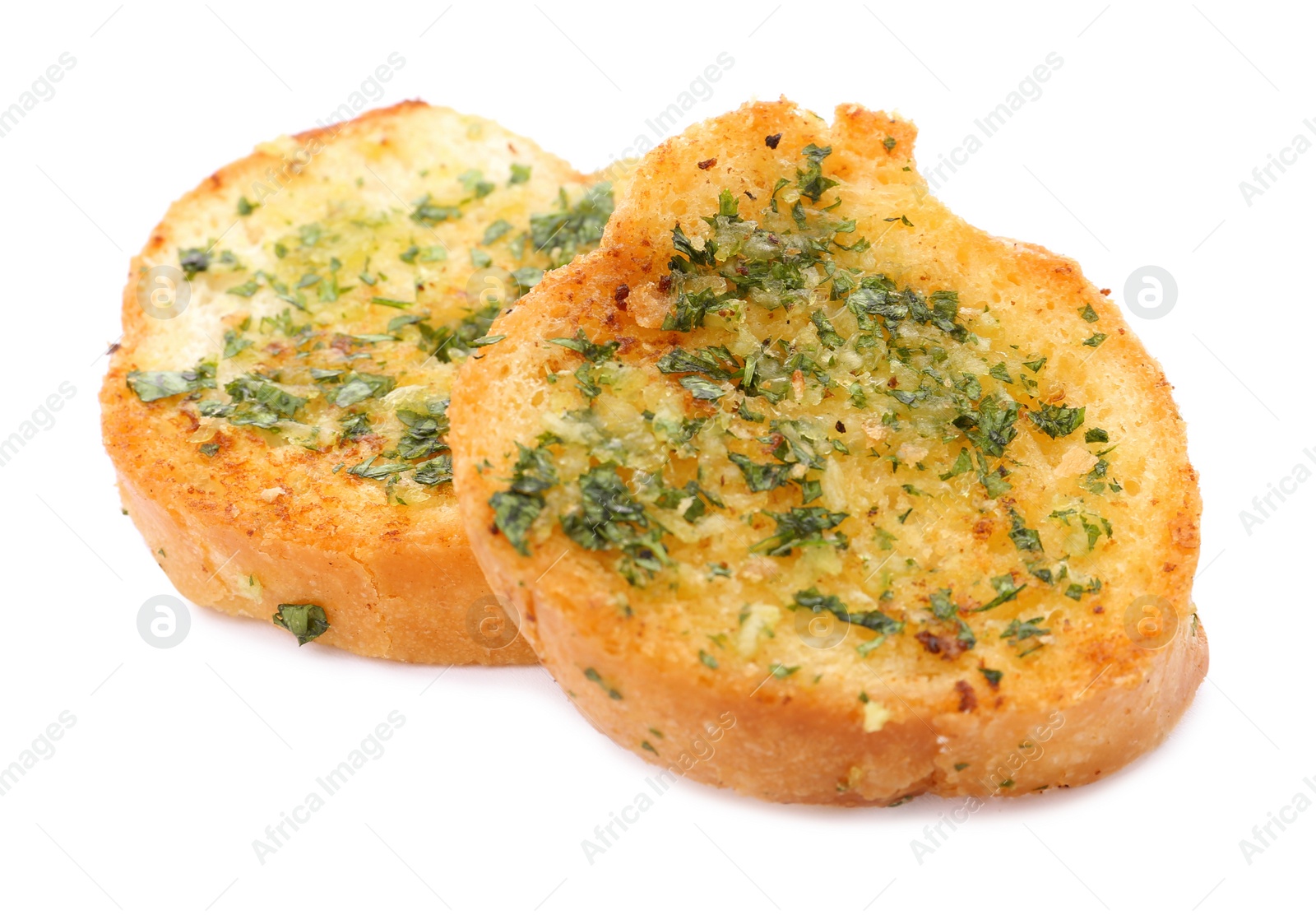 Photo of Slices of toasted bread with garlic, cheese and herbs on white background