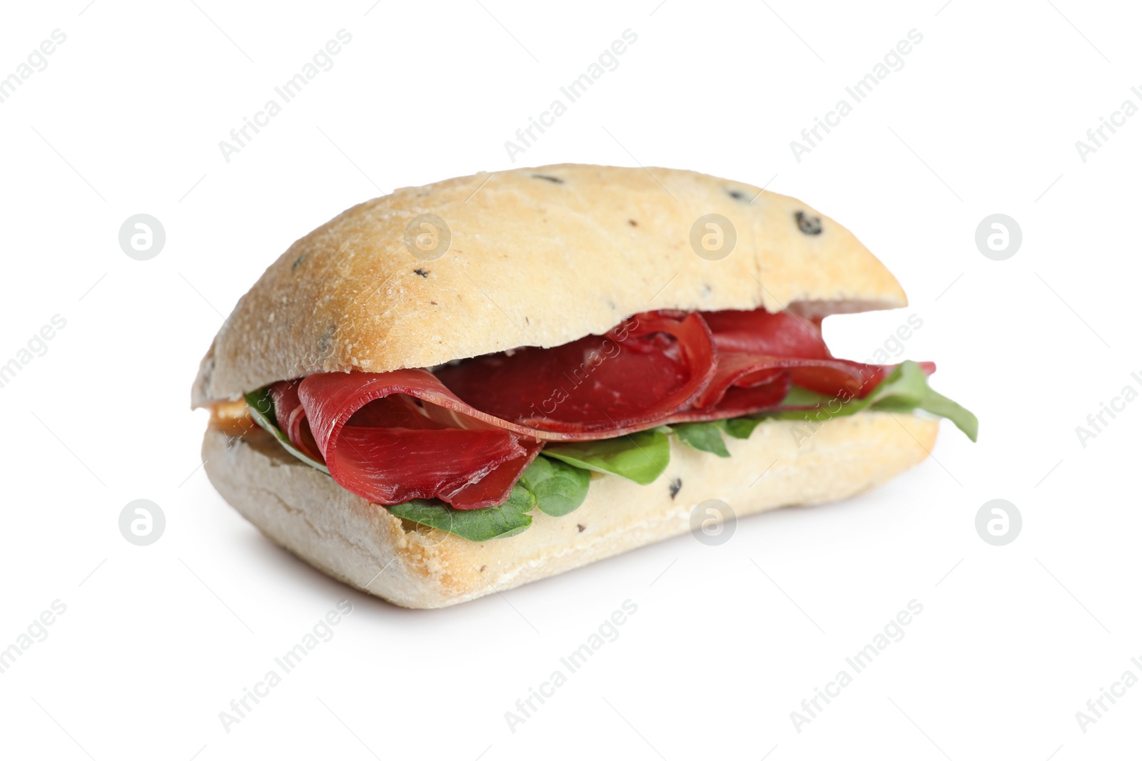 Photo of Delicious sandwich with bresaola and basil isolated on white