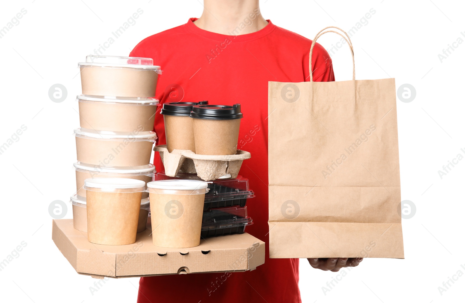 Photo of Courier with different containers on white background. Food delivery service