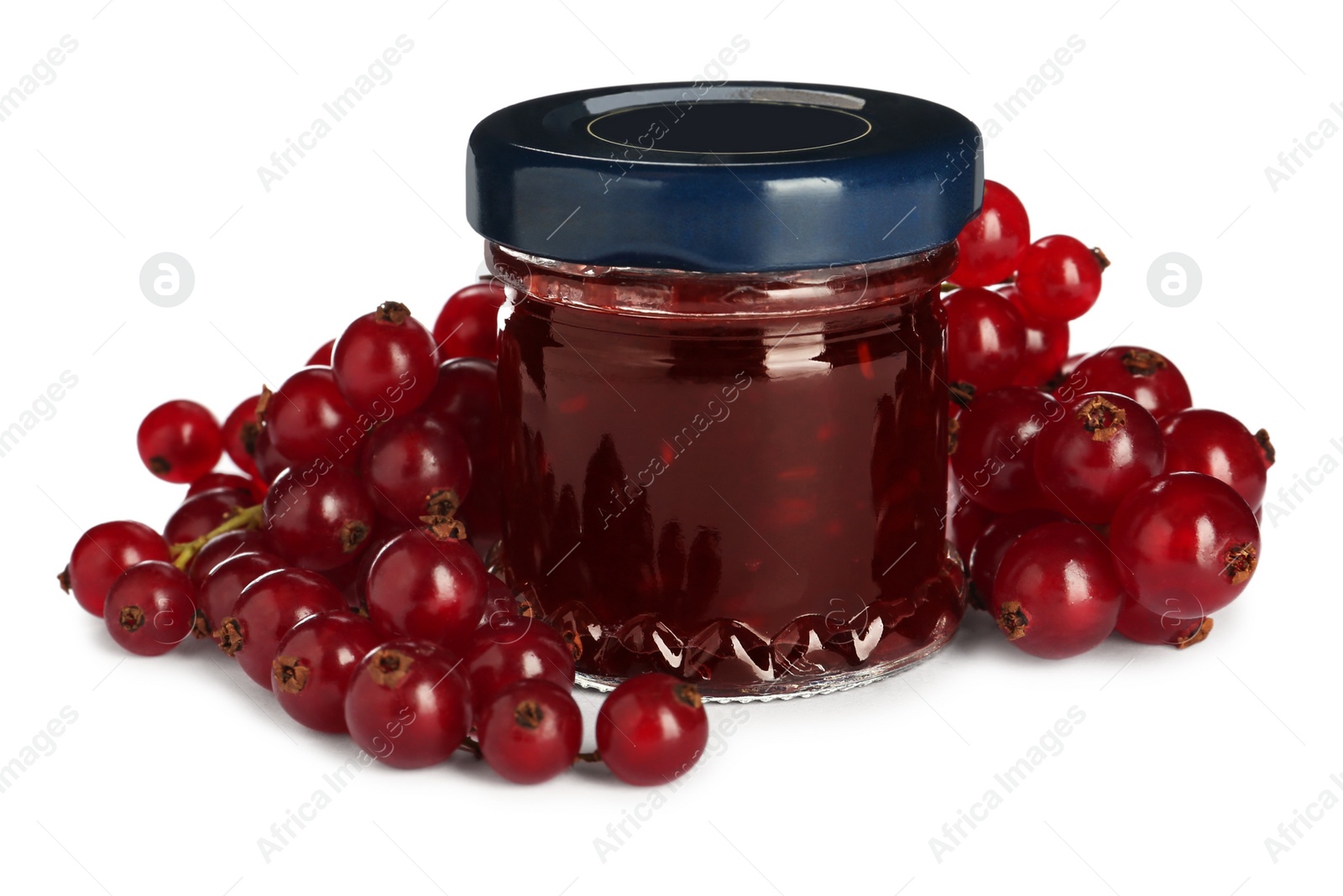 Photo of Jar with sweet jam and fresh berries on white background