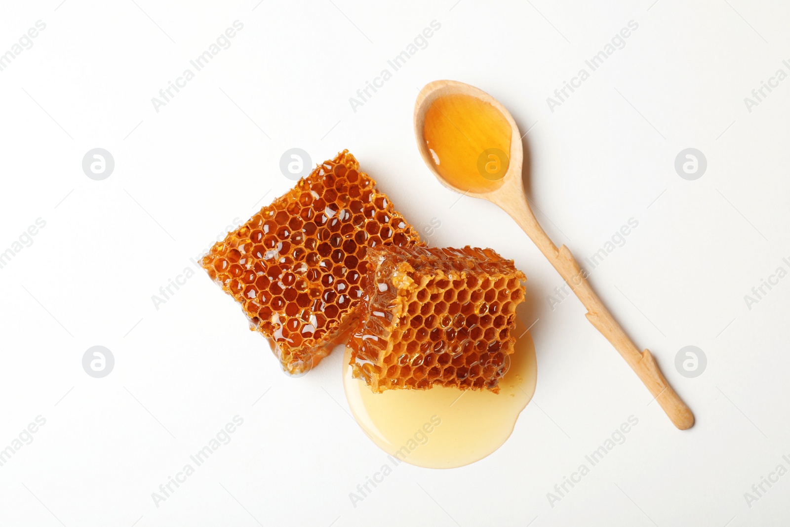 Photo of Composition with fresh honeycombs on white background, top view