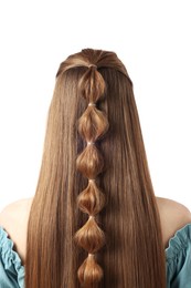 Photo of Woman with braided hair on white background, back view