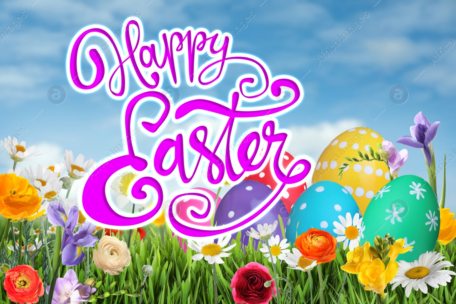 Image of Happy Easter. Bright eggs and spring flowers on green grass outdoors