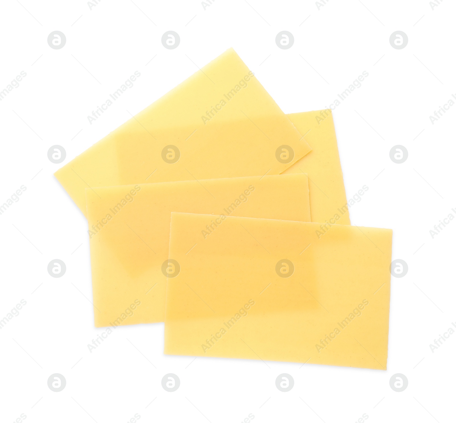 Photo of Stack of uncooked lasagna sheets isolated on white, top view