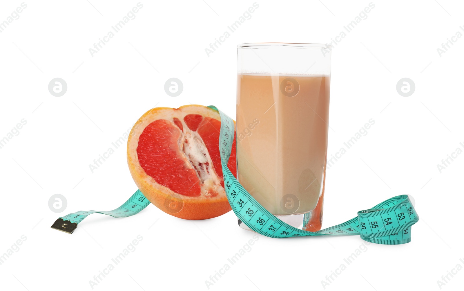 Photo of Tasty grapefruit shake, half of fresh fruit and measuring tape isolated on white. Weight loss