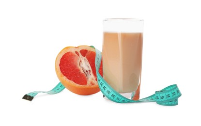 Photo of Tasty grapefruit shake, half of fresh fruit and measuring tape isolated on white. Weight loss