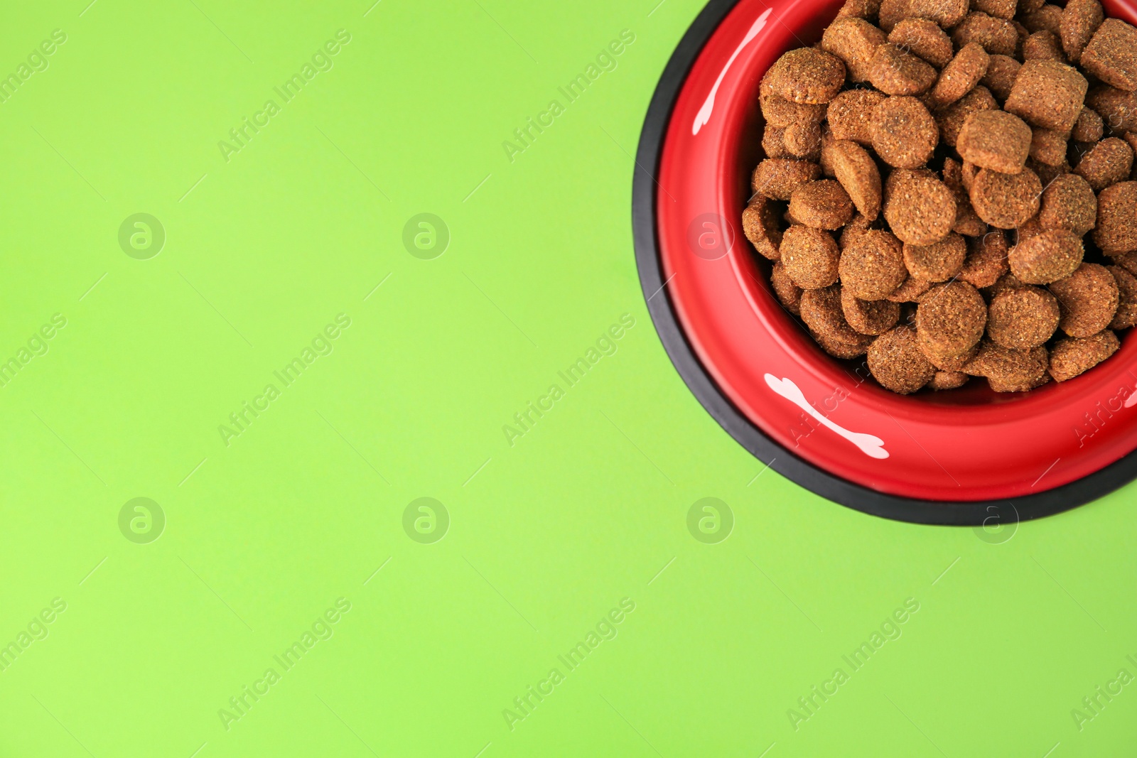 Photo of Dry dog food in feeding bowl on light green background, top view. Space for text