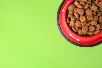 Photo of Dry dog food in feeding bowl on light green background, top view. Space for text