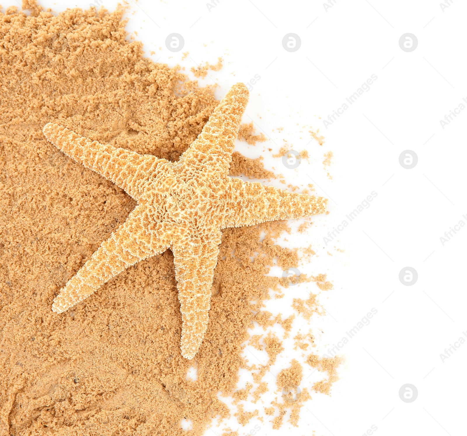 Photo of Composition with beach sand and sea star on white background, top view