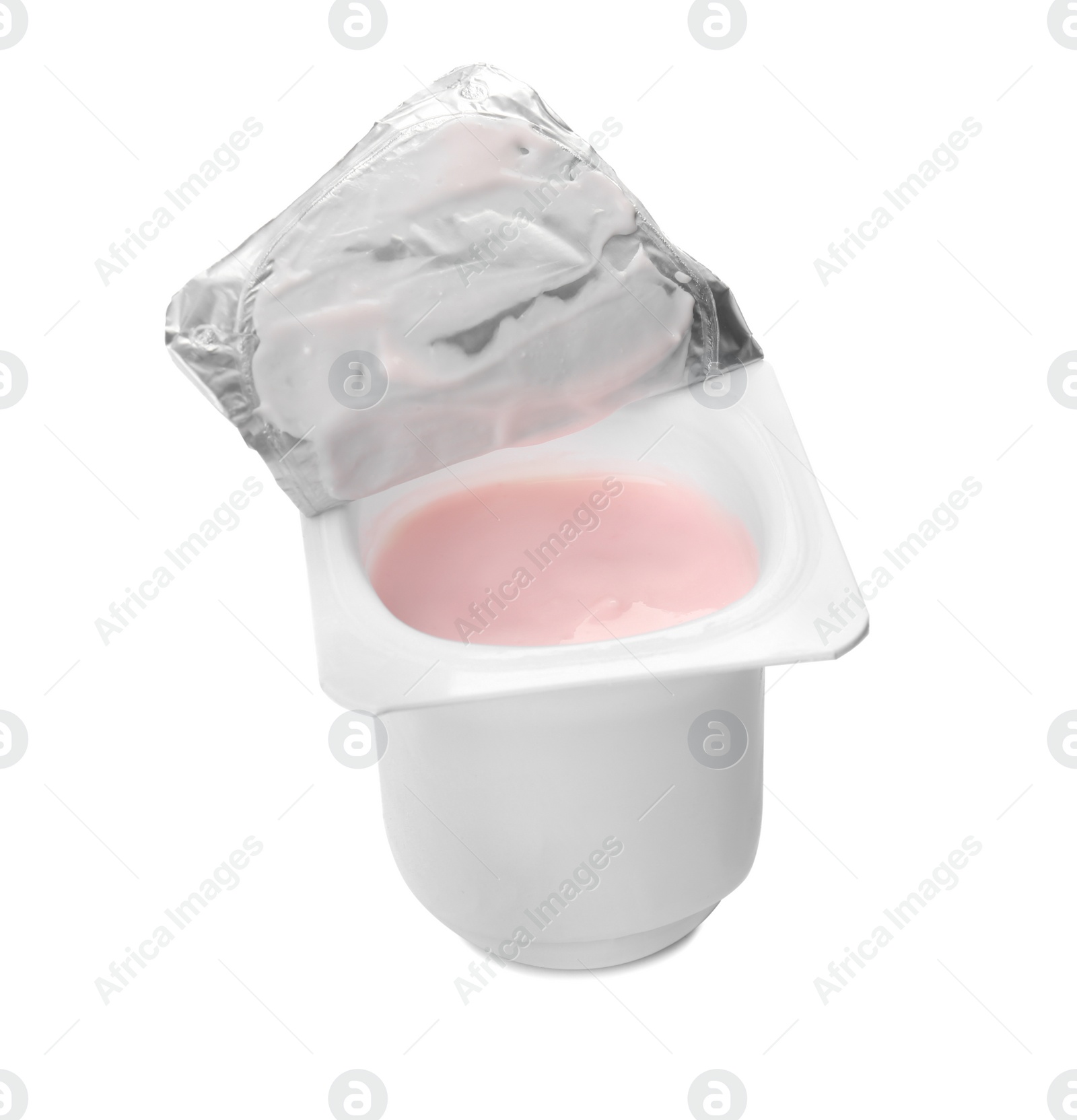 Photo of Plastic cup with yummy yogurt on white background