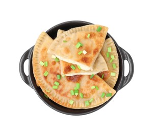 Photo of Delicious fried chebureki with cheese and green onion isolated on white, top view