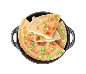 Delicious fried chebureki with cheese and green onion isolated on white, top view