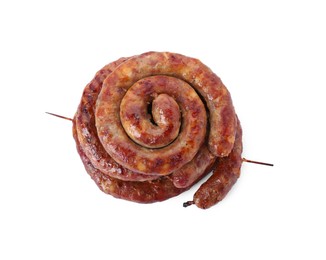 Photo of Rings of delicious homemade sausage isolated on white, top view