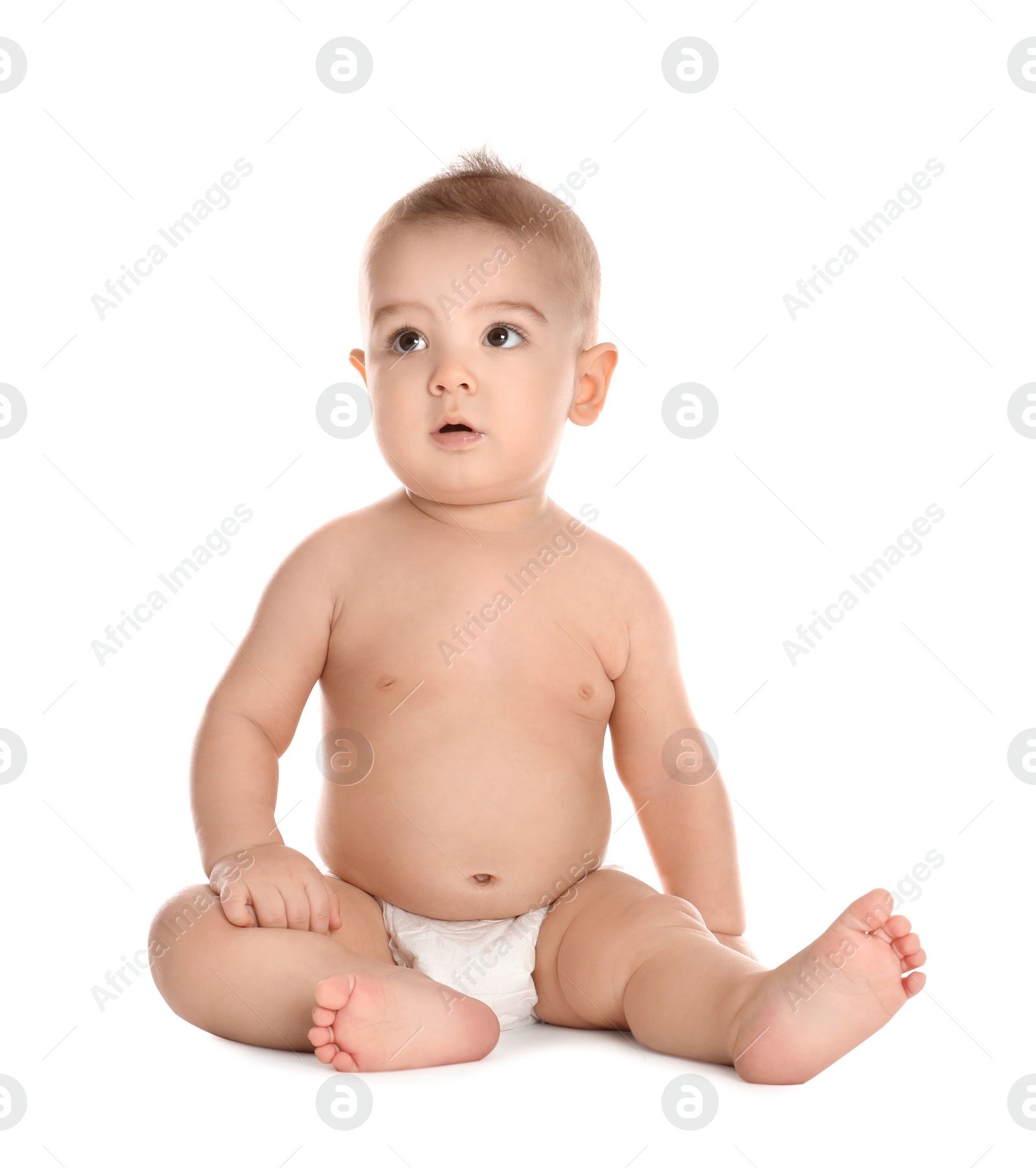 Photo of Cute little baby in diaper on white background