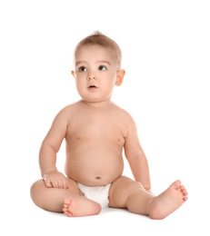 Photo of Cute little baby in diaper on white background