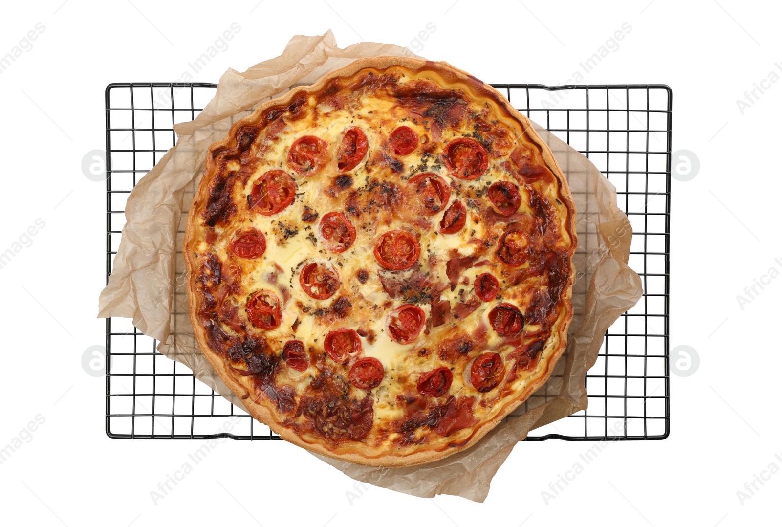 Photo of Delicious homemade quiche with prosciutto and tomatoes isolated on white, top view