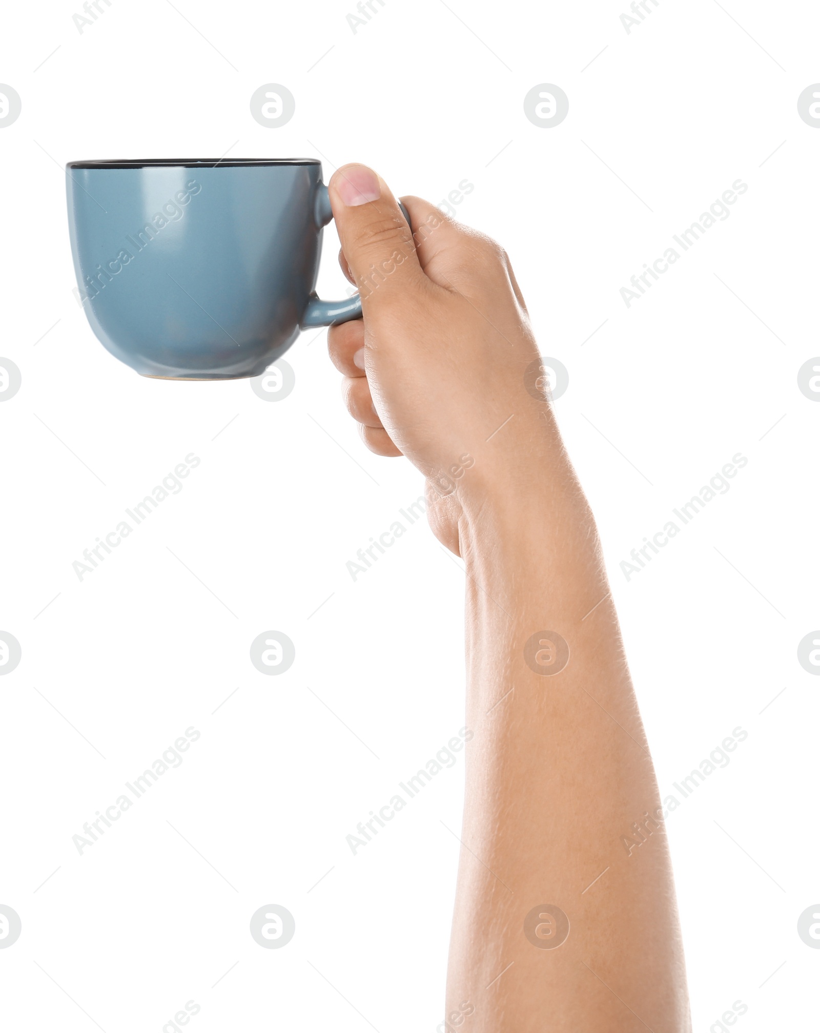 Photo of Woman holding blue cup on white background, closeup