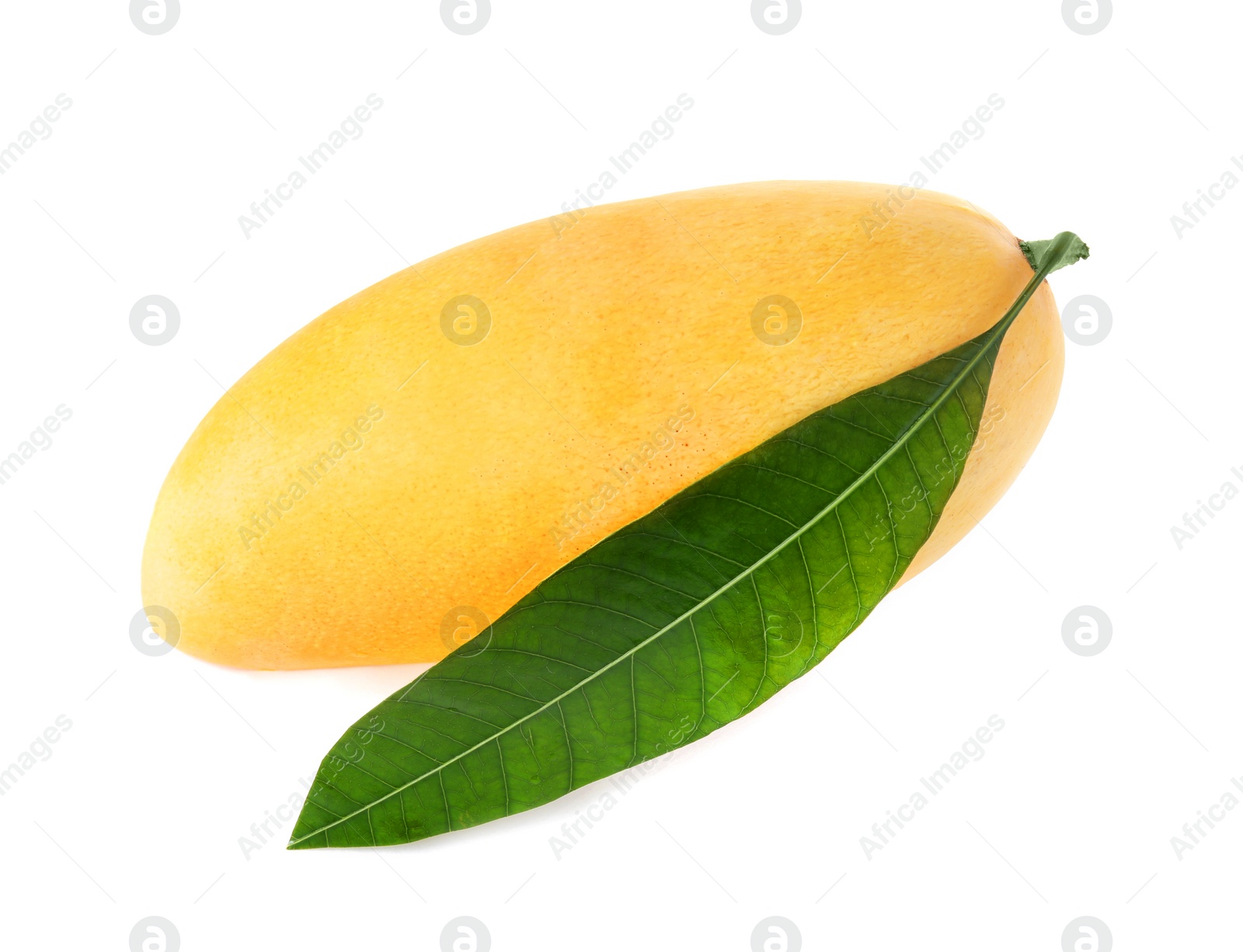 Photo of Fresh ripe mango with green leaf isolated on white