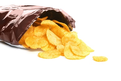 Photo of Bag with crispy potato chips on white background