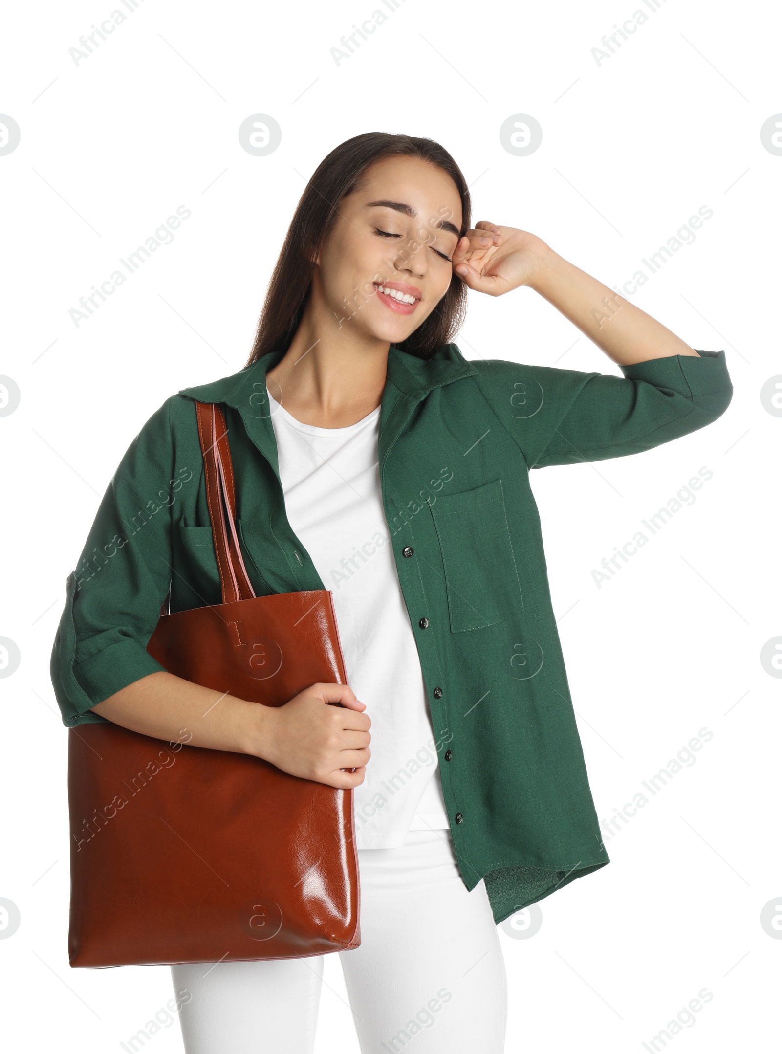 Photo of Woman with stylish shopper bag on white background