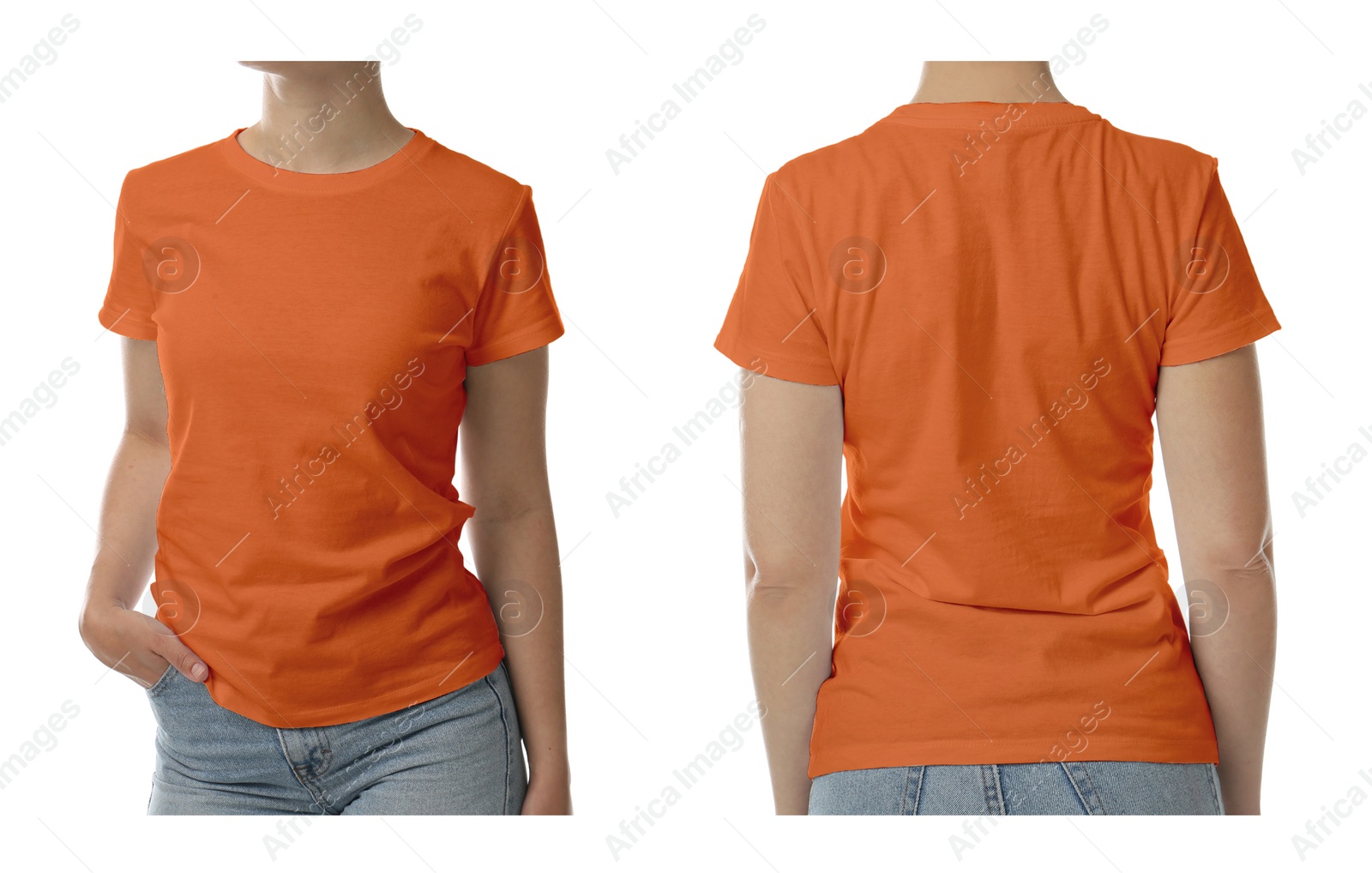 Image of Woman wearing orange t-shirt on white background, back and front view. Mockup for design