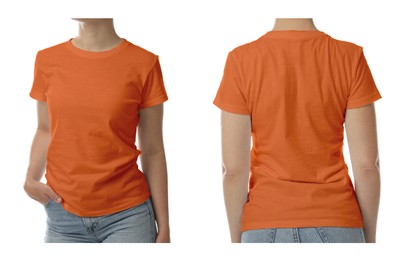 Woman wearing orange t-shirt on white background, back and front view. Mockup for design