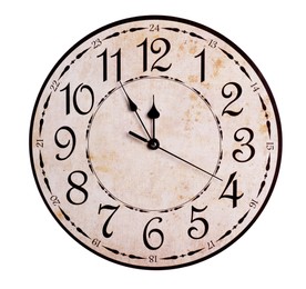 Photo of Stylish analog clock isolated on white. New Year countdown