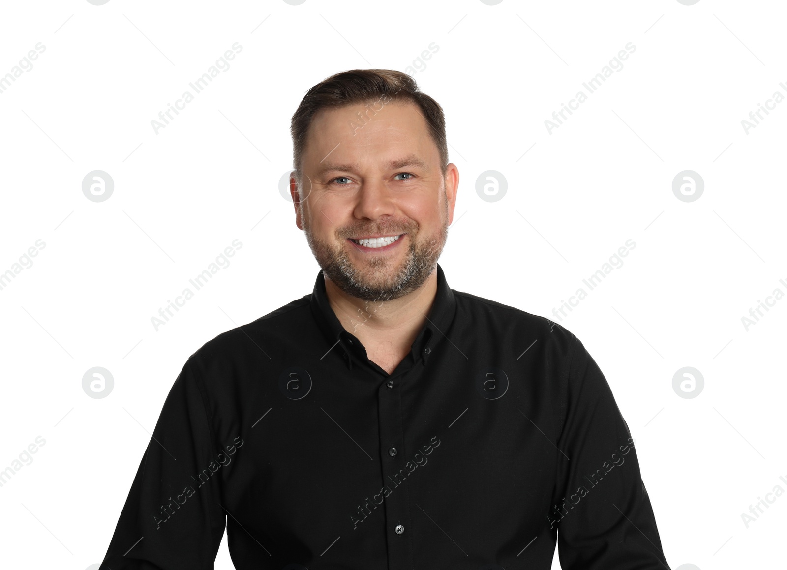 Photo of Portrait of happy mature man on white background