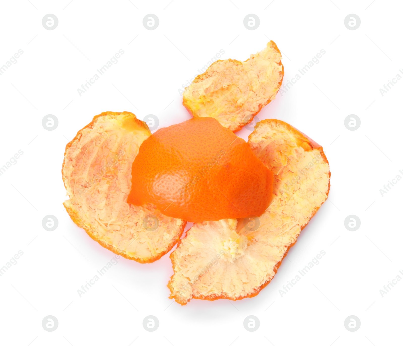 Photo of Tangerine peel on white background, top view. Composting of organic waste