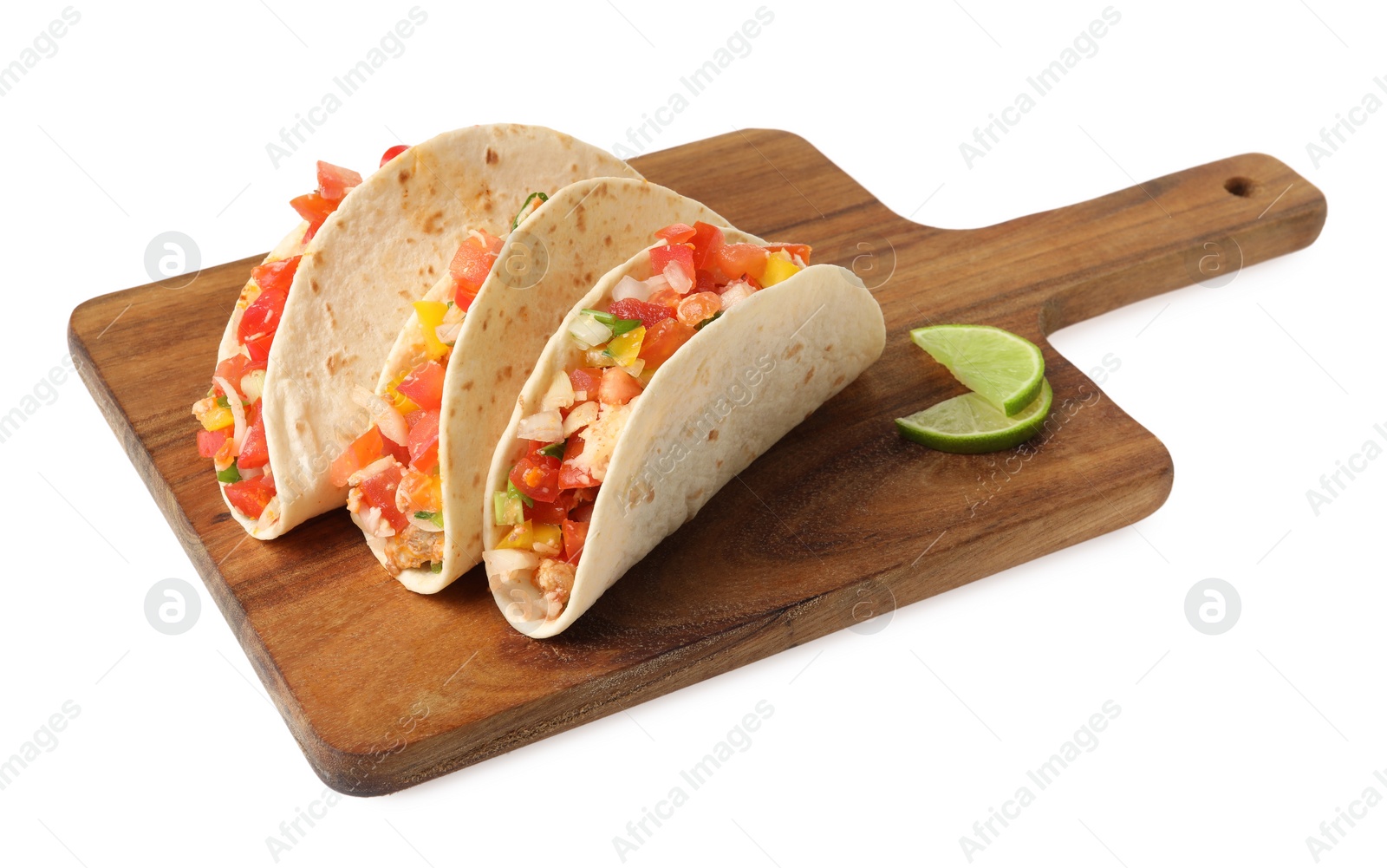 Photo of Delicious tacos with vegetables isolated on white