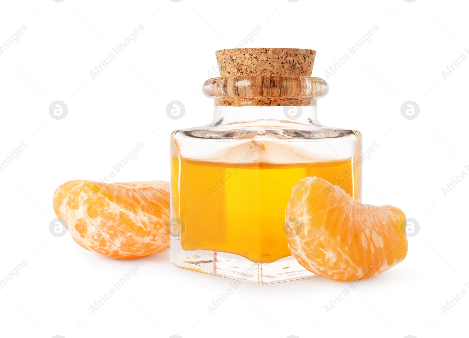 Photo of Aromatic tangerine essential oil in bottle and citrus fruit isolated on white