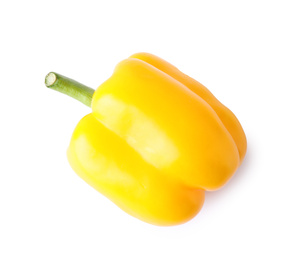 Photo of Ripe yellow bell pepper isolated on white, top view