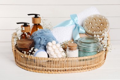 Photo of Spa gift set with different personal care products on white wooden table