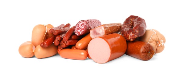 Photo of Different types of sausages isolated on white
