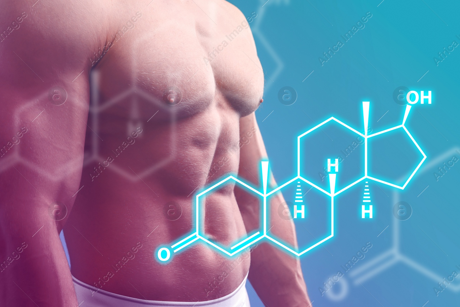 Image of Muscular man and structural formula of testosterone on light blue background, closeup