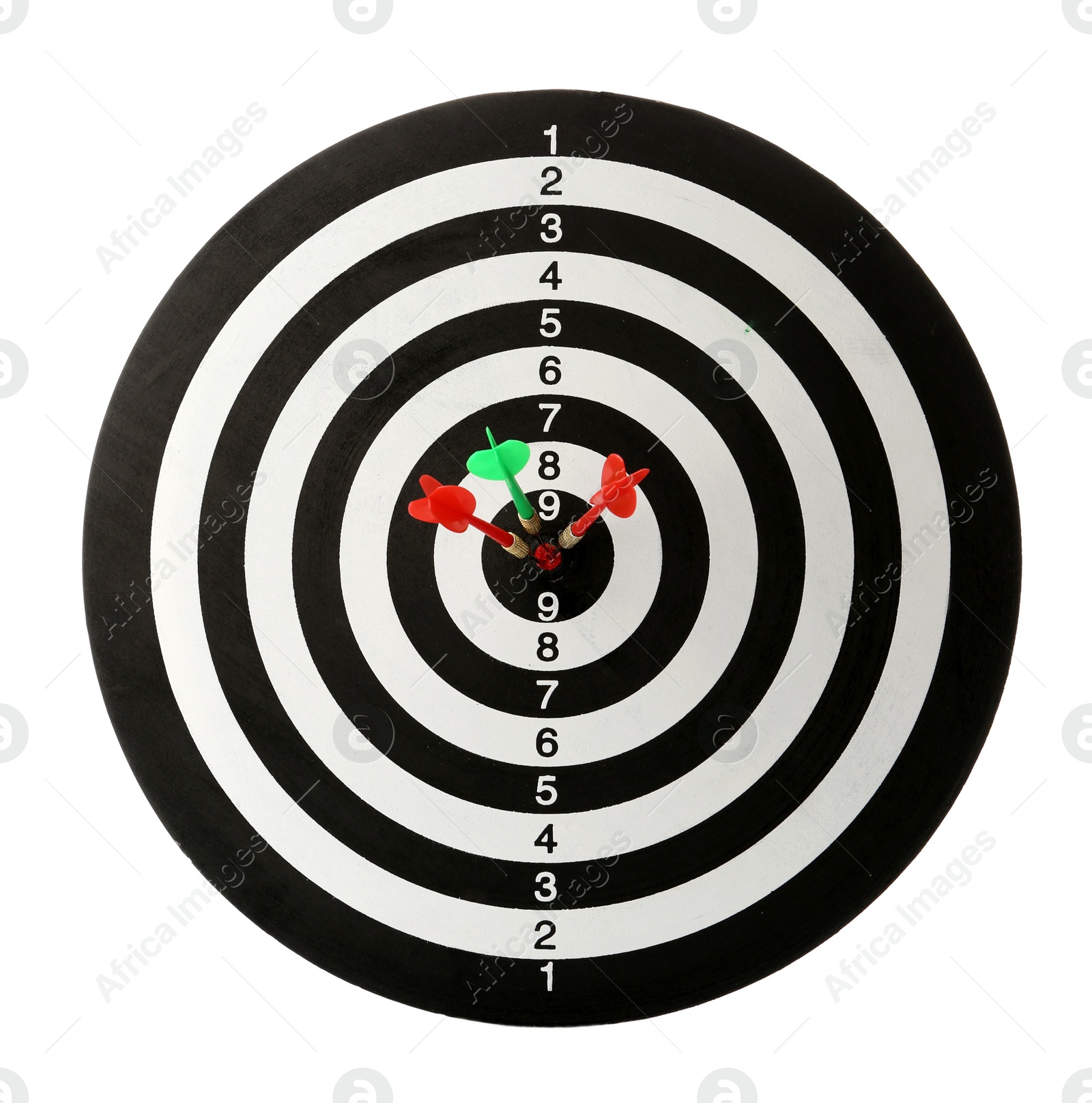 Photo of Arrows hitting target on dart board against white background